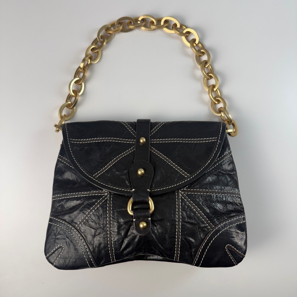 Tracy Reese‎ Black Leather Gold Chain Shoulder Bag Y2K - Picture 6 of 14